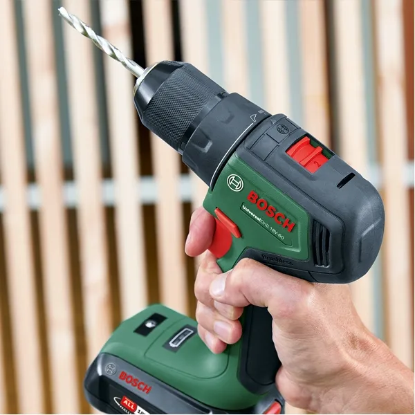 Bosch - UniversalDrill 18V-60 - Taladro y atornillador con 2 baterías, Li-Ion, 18 V, 2 ah, 60 nm, caja de plastico