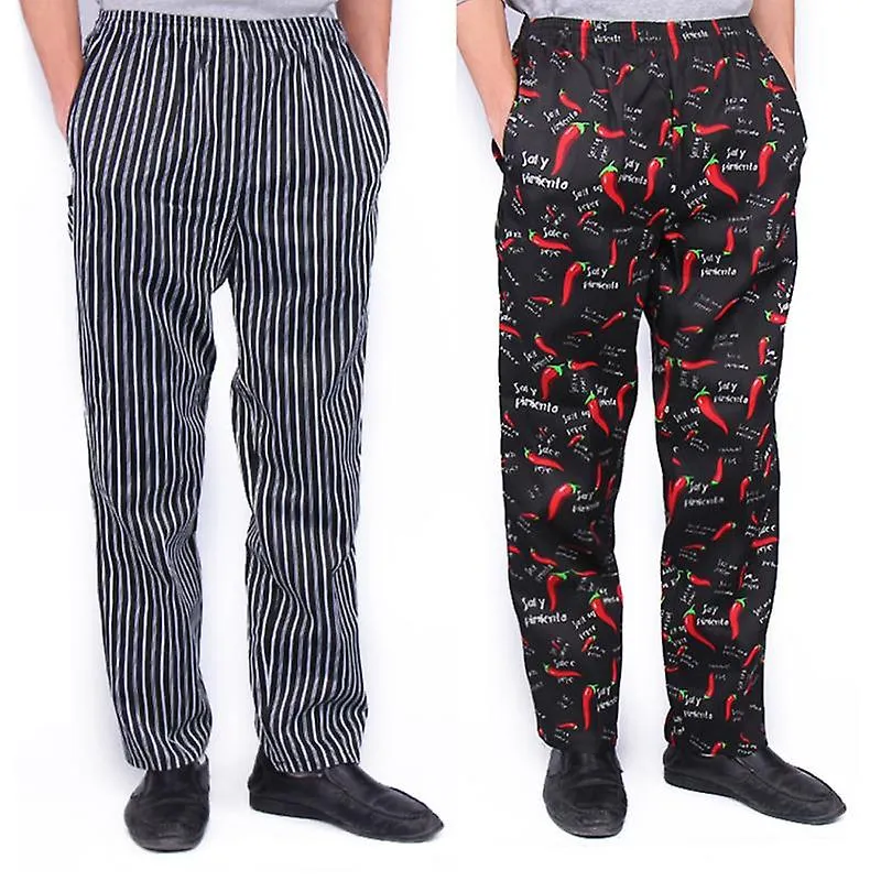 Hombres Stripe Plaid Chili Impreso Hotel Restaurante Cocina Chef Trabajo Pantalones Largos