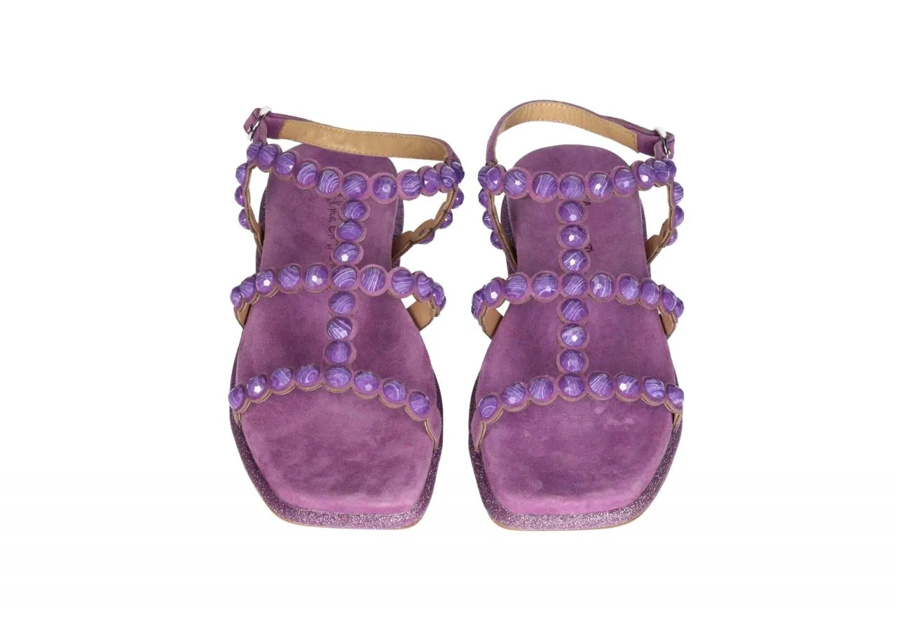 Sandalia t Nobuck Violeta Tiras Tachas Redondas Filo Brillantina