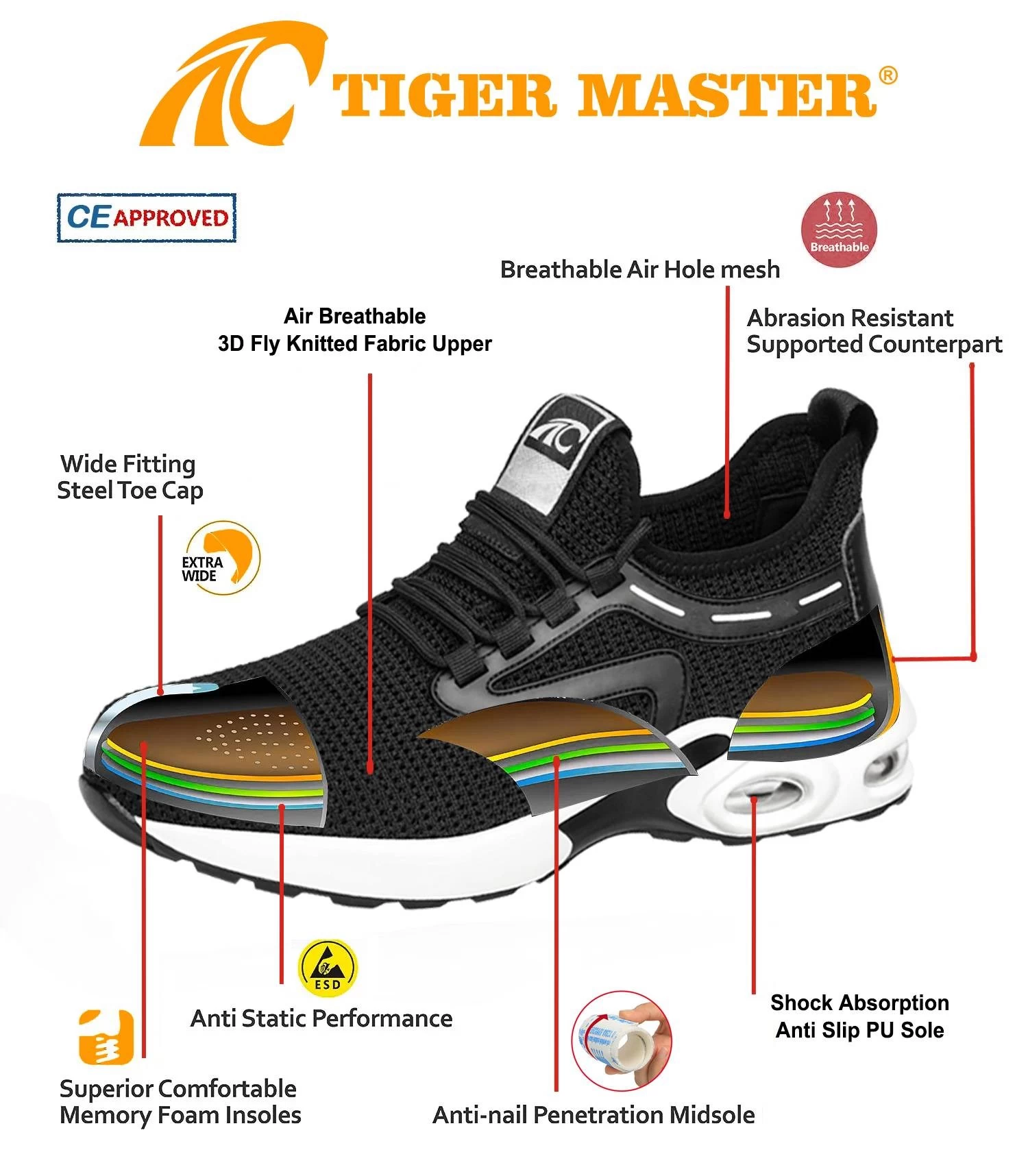 TM3076 Zapatos de seguridad deportivos ligeros y transpirables con punta de acero resistente al aceite y al deslizamiento para h